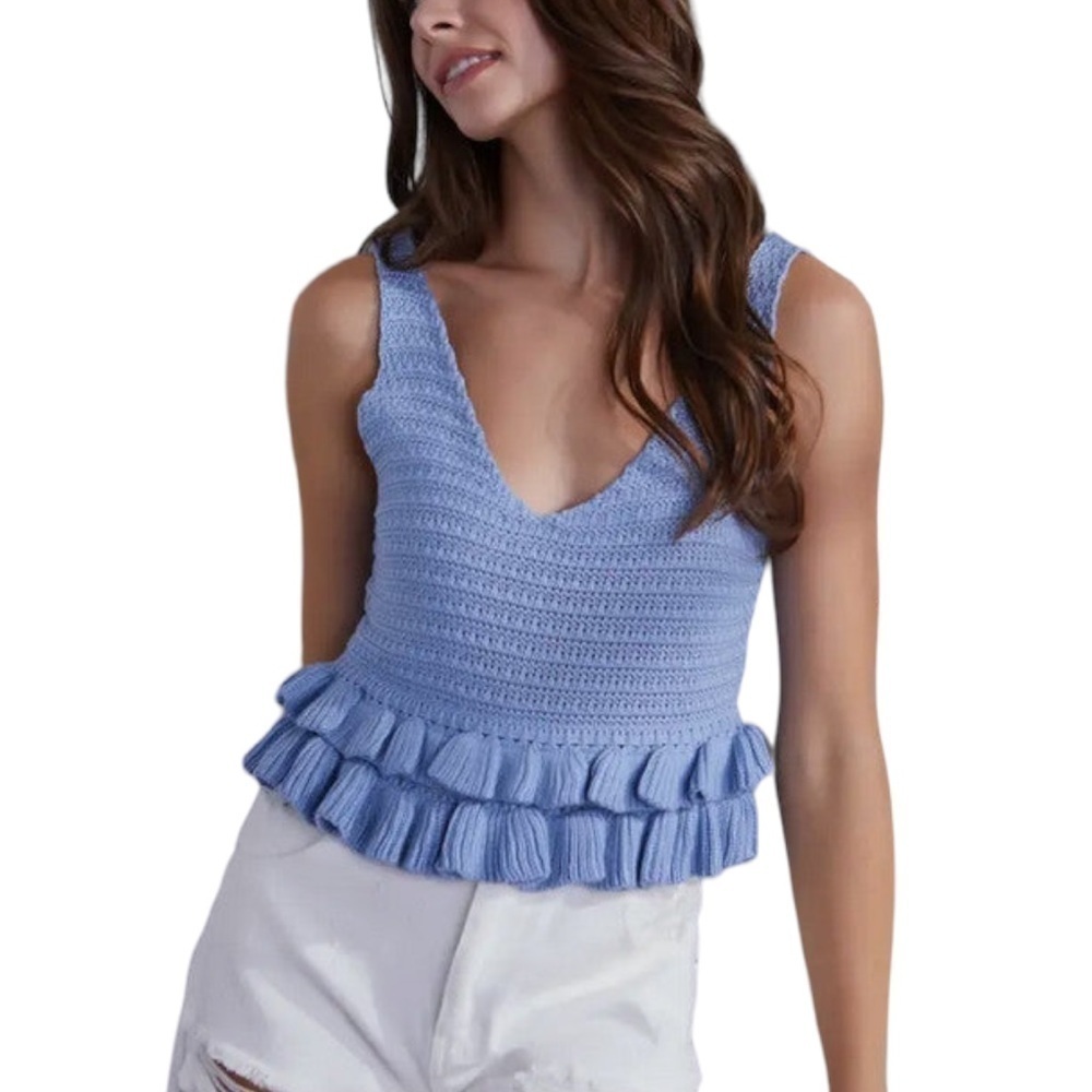 Mustard Seed Ruffle Hem Crochet Knit Sweater Tank in Sky Blue